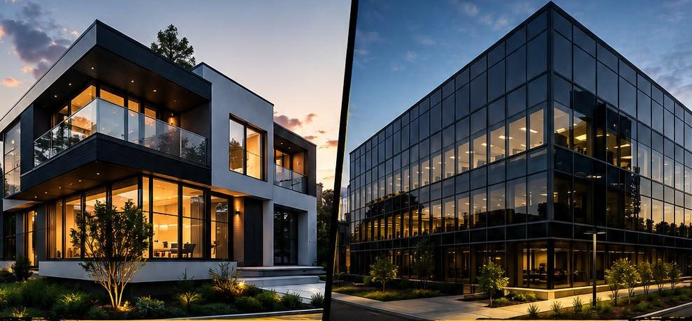 Modern home and commercial building with expansive glass